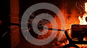 Blacksmithing Fire Sparks Forging Metal in Workshop with Bright Flames