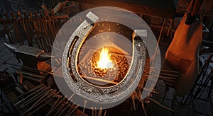 Blacksmithing Horseshoe Hot Forge in Workshop