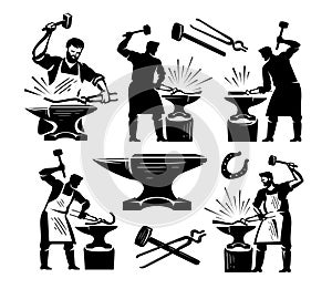 Blacksmithing set concept vector. Collection design elements for craft Workshop, Blacksmith shop, metal work
