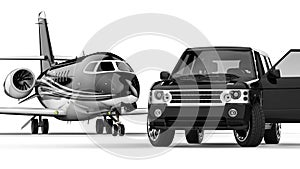 BlackSUV limousine with private jet