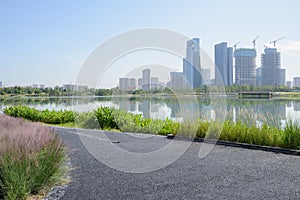 Blacktopped waterside way in grass with modern city across lake photo