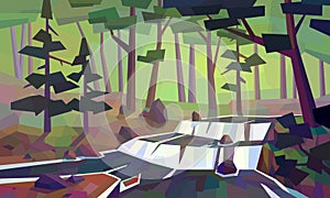 Low poly waterfall in forest