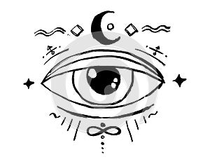 Blackwork tattoo flash. Eye of Providence. Masonic symbol. All seeing eye. New World Order. Sacred geometry, religion,
