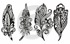 Blackwork tattoo Set of Various Feather Illustration Design, Black Feather Silhouette Template.Vector illustration.