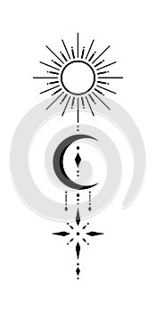 Blackwork tattoo sketch with sun, moon, star. Sacred geometry tattoo design, mystic symbol. photo