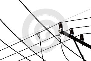 Blackâ€‹ andâ€‹ whiteâ€‹ Electric Pole With Black Messy String Cable isolatedâ€‹ onâ€‹ whiteâ€‹ background