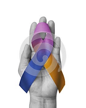 Bladder cancer awareness ribbon with marigold purple blue bow on hand isolated on white background with clipping path