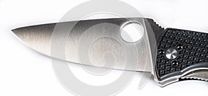 Blade of EDC folding knife on white background, horizontal banner image