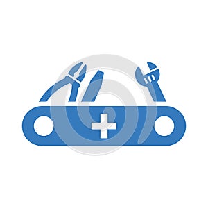 Blade, equipment, solution, Swiss knife, tool, tools, utility icon. Blue vector sketch.