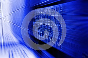 Blade server server equipment rack data center closeup and blur blue toning