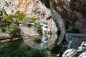 Blagaj Tekke, Dervish House, in rocks at Buna river, Bosnia And Herzegovina