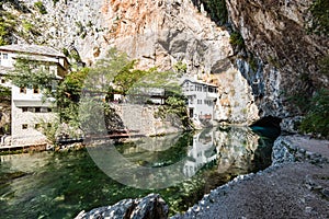Blagaj Tekke, Dervish House, in rocks at Buna river, Bosnia And Herzegovina