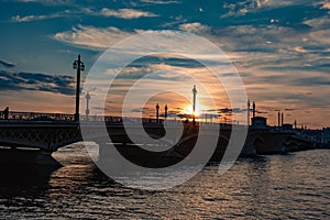 Blagoveschensky Bridge, St. Petersburg city of Russia. Summer sunset, evening.