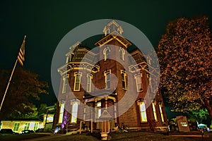 Blair house second empire victorian mansion in Washington Iowa at night