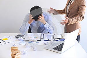 Blaming business concept, Female executive manager blaming employee for mistake or failure, business team have disagreement in