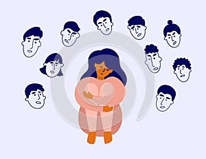 Blaming, shaming vector illustration with sad woman surrounded by human heads with angry faces