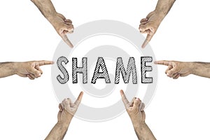 Blaming you. Online or Public Shaming concept. hands pointing to text: shame.