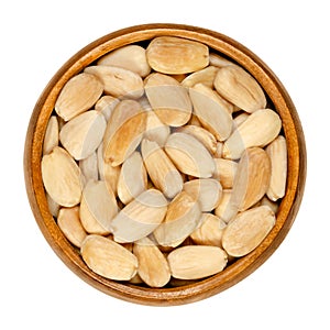 Blanched and roasted almonds, whole seeds, in a wooden bowl