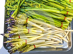 Blanched Siam Tulip Cucuma Sparganifolia and Chinese Flowering Cabbage Bog Choy, Scalded Vegetable is eaten with chili paste