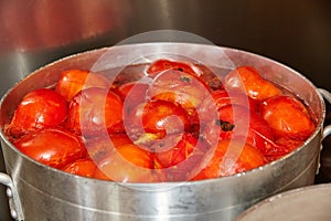 Blanching Fresh Tomatoes in Stainless Steel Pot, Kitchen Scene