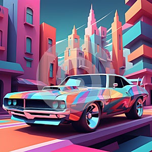 A bland of cubism of muscle turbo car and fantasy city