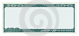 Blank 100 dollar banknote pattern isolated on white