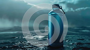 Blank 3D Gray Sport Bottle Mockup In A Gray Arena Background. Thermo Mock Up Template