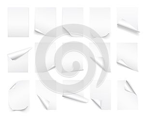 Blank A4 sheet of white paper with curled corner and shadow, template for your design. Set. Vector illustration