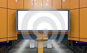 Blank advertising billboard poster mockup in train station. Horizontal out-of-home OOH media display space digital display screen