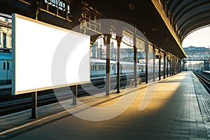 Blank advertising billboard on railway platform