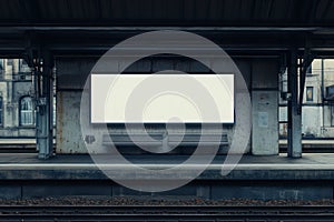Blank advertising billboard on railway platform
