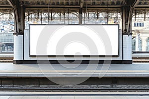 Blank advertising billboard on railway platform