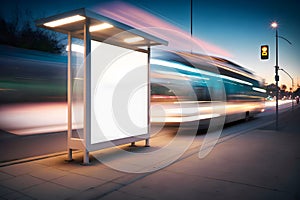 Blank advertising light box on bus stop, mockup of empty ad billboard on night bus station, template banner on