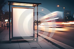 Blank advertising light box on bus stop, mockup of empty ad billboard on night bus station, template banner on