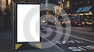 Blank advertising light box on bus stop, mockup of empty ad billboard on night bus station, template banner on background city str photo