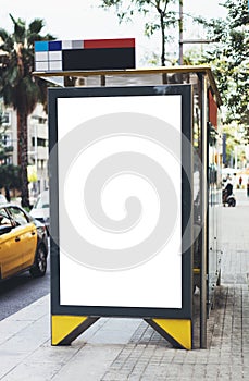 Blank advertising light box on bus stop, mockup of empty ad billboard on night bus station, template banner on background city