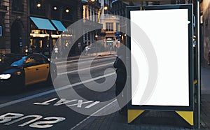 Blank advertising light box on bus stop, mockup of empty ad billboard on night bus station, template banner on background city