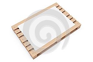 Blank Advertising Paper Mockup over Wooden Euro Pallet. 3d Rendering