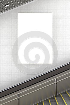 Blank advertising poster on underground escalator wall