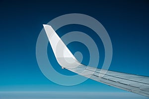 Blank airplane wing blue sky aerial background