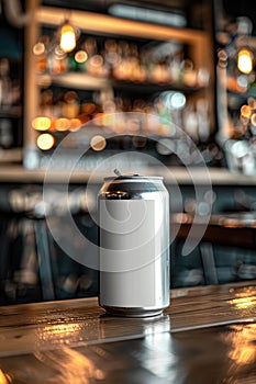 Blank Aluminum Can on Bar Counter with Blurry Background