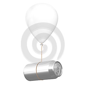 Blank Aluminum Can Floating with White Hellium Balloon. 3d Rendering