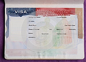 Blank american visa in passport