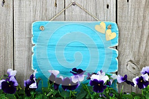 Blank antique blue sign with purple flowers (pansies)