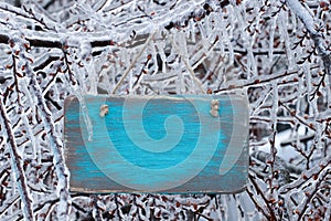 Blank antique teal blue wooden sign hanging on ice covered tree branches