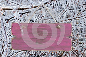 Blank antique wooden sign hanging on ice covered tree branches