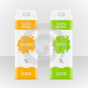 Blank apple or orange juice carton branding box. Juice or milk cardboard package. Drink small box illustration