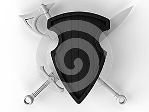 Blank axe and sword crossed behind a shield