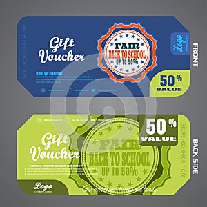 Blank of back to school fair gift voucher vector illustration to increase sales on dark blue and green background.