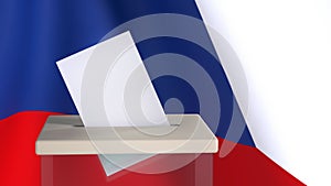 Blank ballot with space for text or logo is dropped into the ballot box against the backdrop of the flag of Czech Republic.
